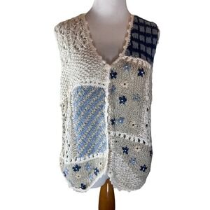 JJ Fargo Hand knits Patchwork Crochet Vest Women Size S‎ Beige Blue Button Front